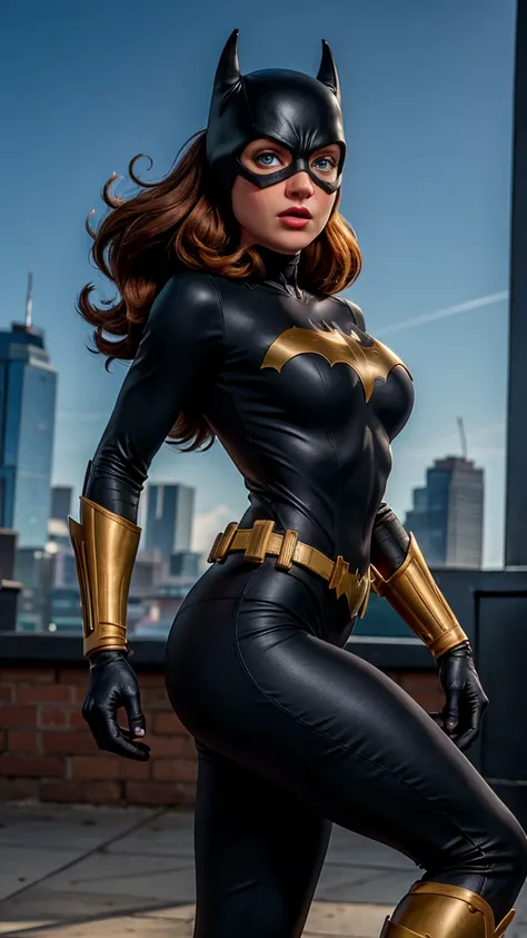 8K, Ultra HD, Super details, high quality, High resolution. The heroine Batgirl looks beautiful in a full-length photo, her body is sculptural, her long black wavy hair is radiant in a perfect combination with her white skin, her bright blue eyes mesmerize...