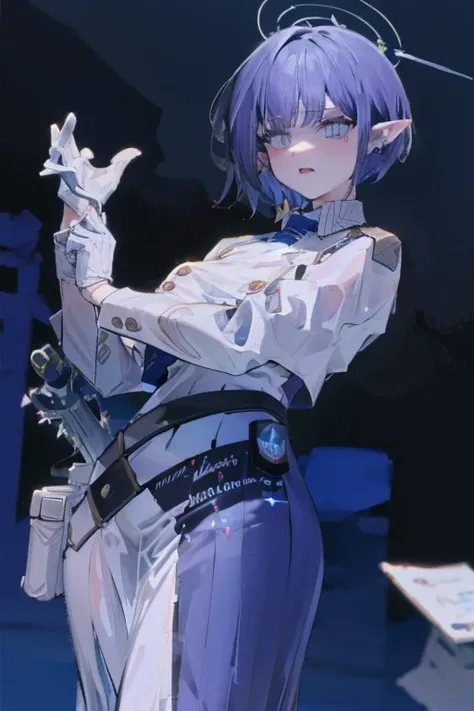 A deep blue-haired girl wields the Heavy Thrusting Swords from within the Elden Ring in a reverse grip.