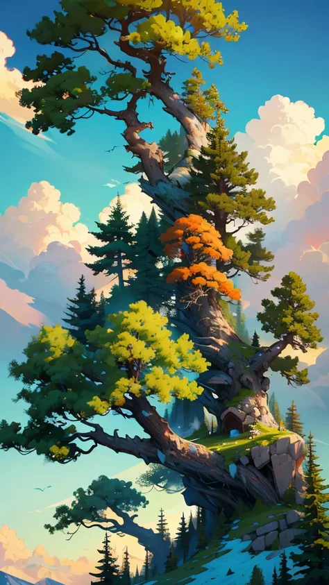 a top of rocky mountain with a big beautiful tree. greeny environment with pretty clouds