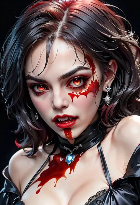 a portrait of vampire with a bloody tear coming down from the eye, an exotic beautiful female vampire, black hair color, dynamic hair style, ultra detailed face, best detailed face, silver eye color, ((1single red teardrop, teardrop made of blood coming do...