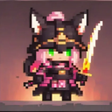 a chibi female character in pink and black samurai armor from a historical fantasy, holding a glowing katana. she has fox ears a...