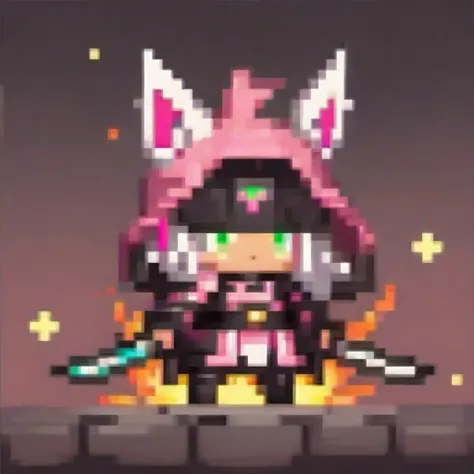 a chibi female character in pink and black samurai armor from a historical fantasy, holding a glowing katana. she has fox ears a...