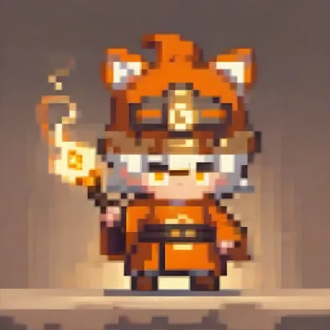 a chibi male character in orange and brown monk robes from an eastern fantasy, wielding a glowing staff. he has tiger ears and a...