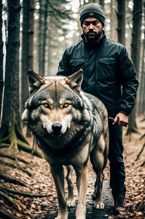 2boy, sks man, looking mean, with a wolf,