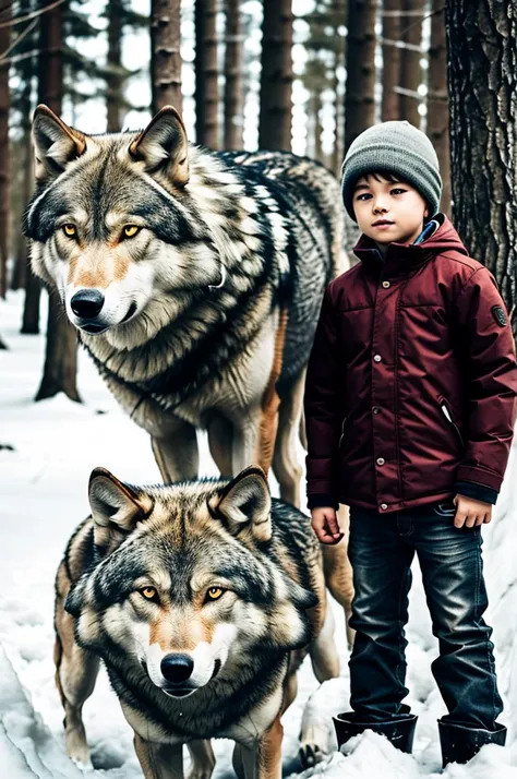 2boy, sks man, looking mean, with a wolf,