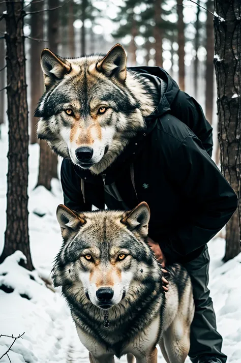 2boy, sks man, looking mean, with a wolf,