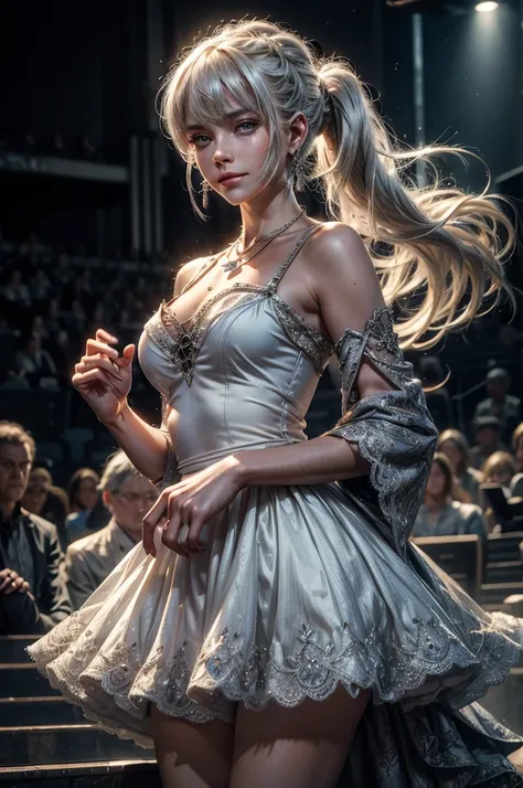 (masterpiece, best quality:1.2), cowboy shot, weissvale, smile, closed mouth,  looking at viewer, long white hair, side ponytail, scar above eye, scar below eye, white gala dress,  jewelry, necklace, earrings, future_urban, standing in theater, holding mic...