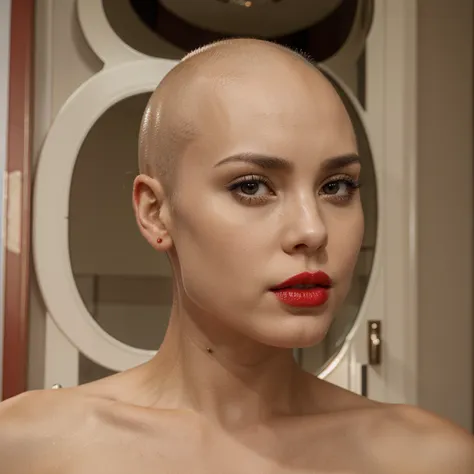 1 solo girl, bald hair, red lips, symmetry face