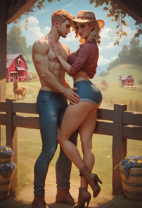 score_9, score_8, score_7_up, 1girl, 2boy, magnificent body, A luscious milkmaid has fun with her boyfriend on a farm, friendly sex, hugs his legs