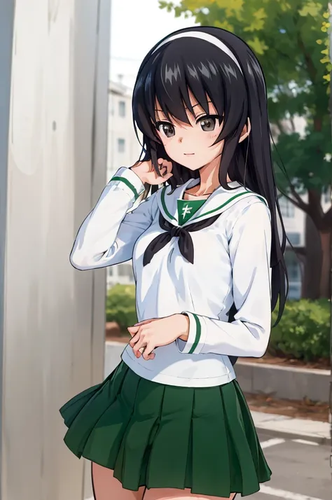 masterpiece,best quality, 1girl,solo,girls und panzer, reizei mako,long hair, small breasts, white hairband, ooarai ,white shirt,black handkerchief,green skirt, outdoors, school, cowboy shot 