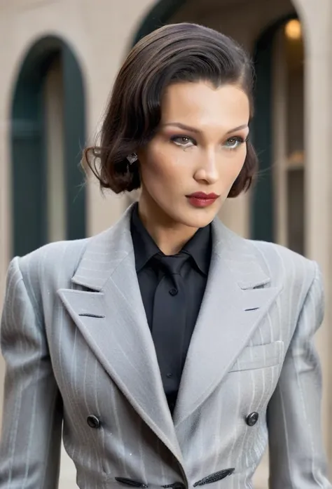 bella hadid as a 1930s mobster wearing a zoot suit, exquisite detail, award winning photography, natural lighting, skin texture,...