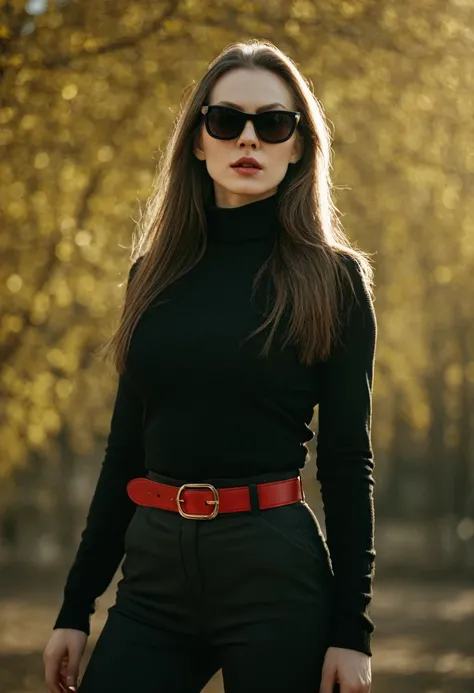 Photo, (sharp focus:1.2), (masterpiece), beautiful evil slavic muscular woman, pale skin, long hair, cinematic film still, stylish black and white photo, geometry, sunlight, feminine elegant girl in sunglasses with red glasses, black turtleneck, black jack...