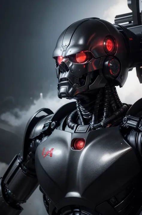 Create a hyper-realistic digital image of a Terminator robot. It has a metallic and mechanical structure, with worn red eyes and a menacing expression. His armor and metallic armor cover his body, and it has weapons and cannons integrated into its arms and...