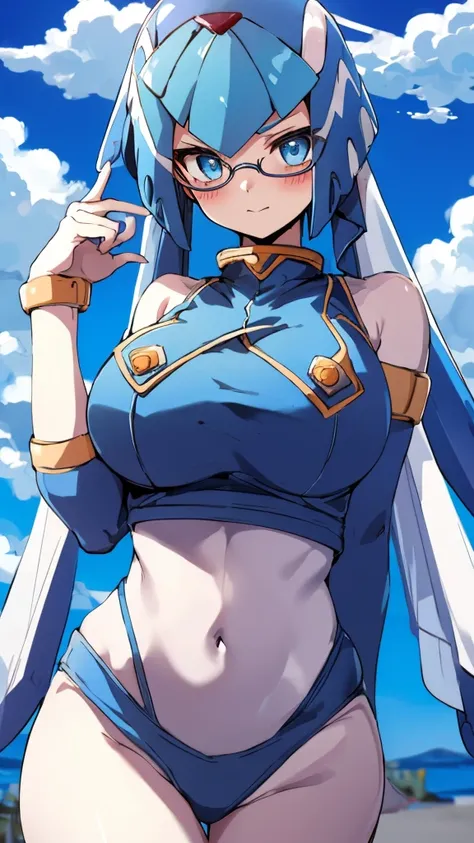 Leviathan_Megamanz, 1 Girl ,Looking at the viewer , blue hair, Blue eyes,Clouds background , Blushed, Wedding ring, Glasses, Launchpad on hands