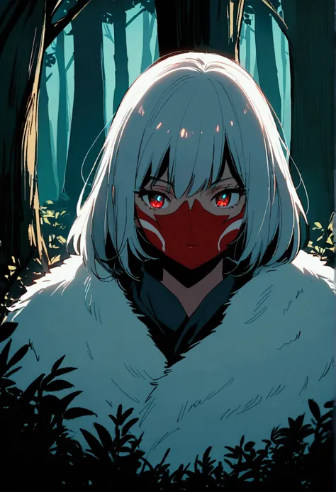 "Please draw San from Princess Mononoke. San is a girl who was raised by wolves.、Has the appearance of a warrior. She wears a white fur cloak and a red mask., Long silver hair. Her face is painted red., And her eyes reflect her determination. The backgroun...