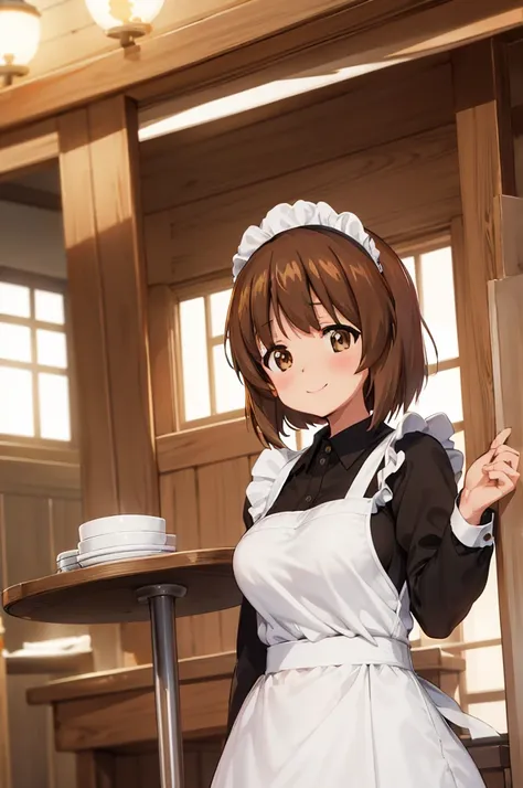 1girl, solo, girls und panzer, nishizumi miho,  brown eyes, brown hair, short hair, (maid uniform:1.4),closed mouth,happy,indoor...