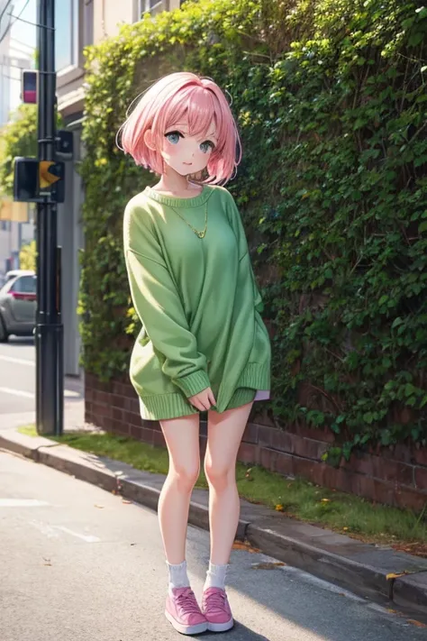 high quality , best masterpiece , young girl with very very vert short pink hair and green sweater and pink shoes , full body , cute , holding a backbeg, 