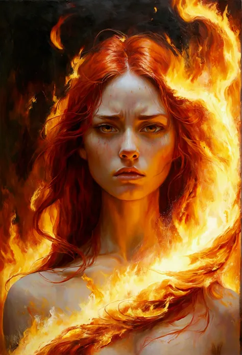 She creates a detailed and expressive painting of a woman representing the element of fire with long red hair in the foreground. The woman should be centred in the image with her head slightly tilted back, her eyes show a great expression of sadness, longi...