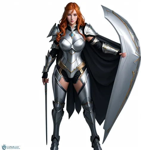 paladin, female, full armor, white armor, sexy, pretty face face, glowing armor, wonderfull, looks like "leona" from "league of legends", full body, Meilleure qualité, 1fille, seulement, gros seins, clivage, rideaux de poitrine, ginger hair color, fin lips...