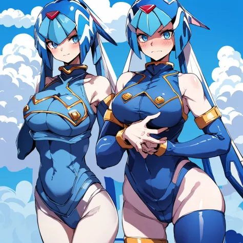 Leviathan_Megamanz, 1 Girl ,Looking at the viewer , blue hair, Blue eyes,Clouds background , Blushed, Wedding ring, Glasses, Holding a baby in hands, 