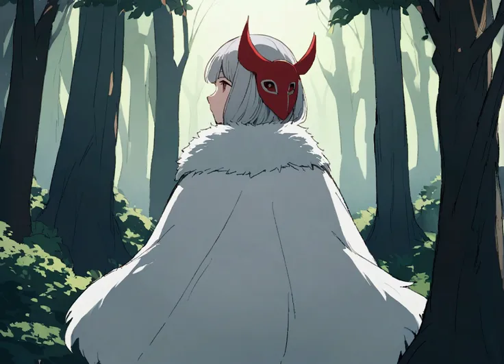 "Please draw San from Princess Mononoke. San is a girl who was raised by wolves.、Has the appearance of a warrior. She wears a white fur cloak and a red mask., Long silver hair.The background is a lush forest, Emphasizing San&#39;s presence in nature. The w...