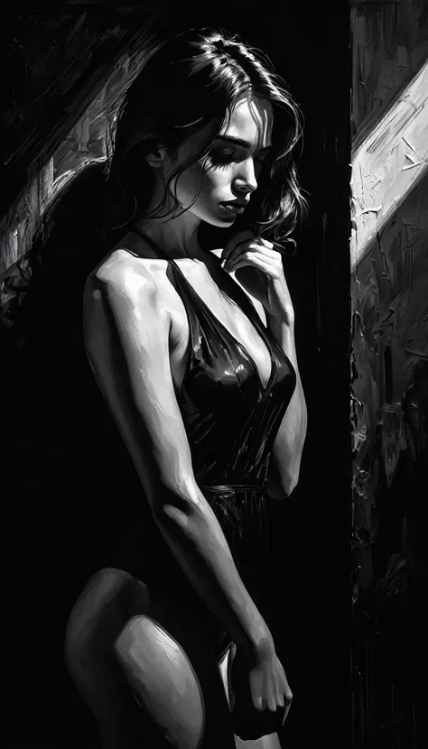 girl, alone, eroticism, sexy, black and white image, between shadows, oil painting, chiaroscuro, sensual, dramatic lighting, moody atmosphere, photorealistic, intricate details, masterpiece, ultra-detailed, high quality, 8k, best quality, realistic, cinema...