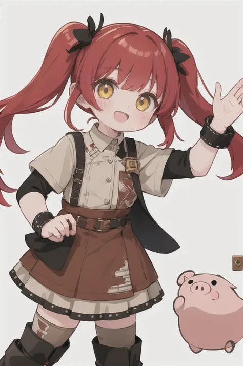 solo, 1girl, deep-red hair,pig tails with bangs, ember yellow-colored eyes, brown boots, happy, :D, patchwork skirts and dusty shirt, wasteland character, rats,childlike, icon, minimal design, white background [(WHITE BACKGROUND:1.5),::5] HEXAGON