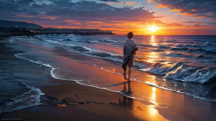 A deserted beach at sunset, with a sky covered in gray clouds and warm tones of the sun setting on the horizon. The sand is marked by the footprints of two people who once walked together, but now there is only one person left alone, backwards, Looking tow...