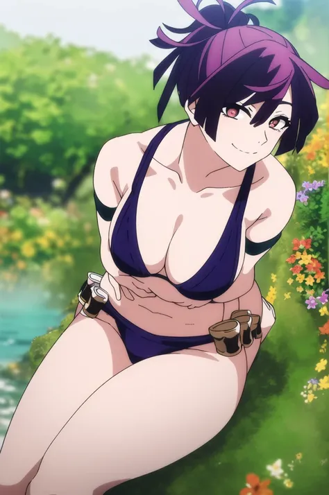 (masterpiece), ((best quality)), yuzuriha_jigokuraku, 1girl, solo, breasts, short_hair, red_eyes, ponytail, purple_hair, looking_at_viewer, blushed smile, large_breasts, cleavage, bare_shoulders, sitting, sitting on benh, collarbone, crossed_legs, black un...