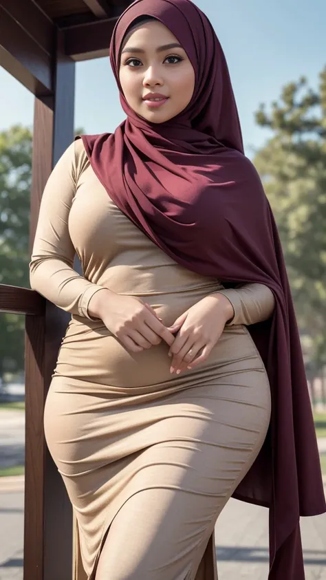 RAW, Best quality, high resolution, masterpiece: 1.3), beautiful Malay woman in hijab, Masterpiece, perfect fit body, big breasts, thick thighs, beautiful big eyes, Soft smile, muslim woman in a maroon cloth, wearing a fisher 🧥, 🤠 using a 🖥, taupe, long sk...