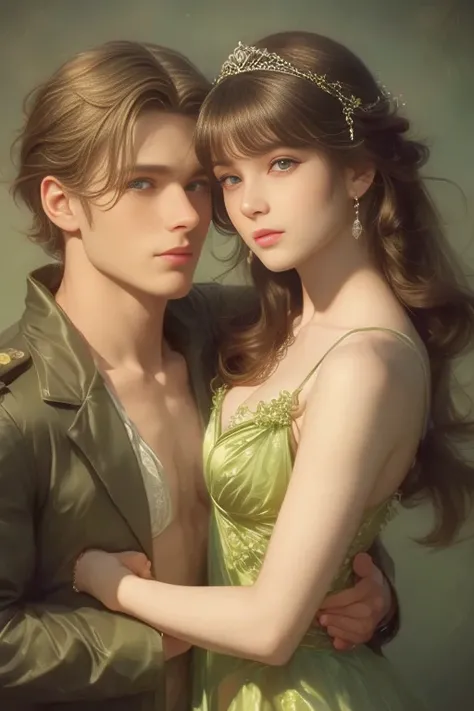 High-quality image of a couple: a blond men (tall, statuesque, handsome, courageous young man with blue eyes, curly golden hair, dressed in a gray antique military uniform) he hugs a woman with a black hair (a fantastically beautiful young femme fatale wit...