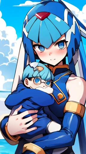 Leviathan_Megamanz, 1 Girl ,Looking at the viewer , blue hair, Blue eyes,Clouds background , Blushed, Wedding ring, Glasses, Holding a baby in hands, 