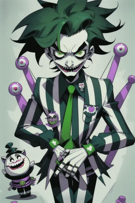 a cartoon character dressed up as a joker, fet in the style of striped arrangements, punk rock aesthetic, toonami, confessional, mommys on-the-phonecore, silver and green, mcdonaldpunk, Niji Style, 