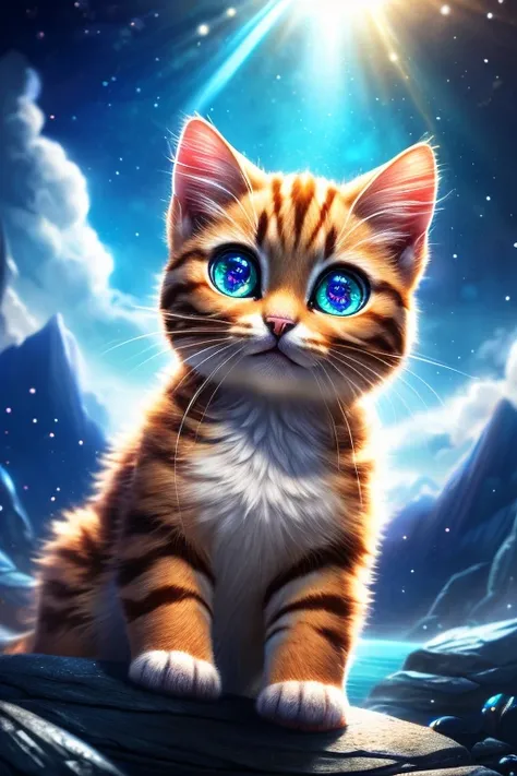 (Highest quality、masterpiece、8k))、Anatomically correct、Very detailed、High resolution、Realistic、((Beautiful, sparkling, detailed eyes))、Intricate details、Cinematic lighting、((Dynamic composition))、Eight cute kittens in tuxedos、Beautiful island、heaven、Welcom...