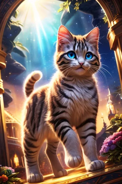 (Highest quality、masterpiece、8k))、Anatomically correct、Very detailed、High resolution、Realistic、((Beautiful, sparkling, detailed eyes))、Intricate details、Cinematic lighting、((Dynamic composition))、Eight cute kittens in tuxedos、Beautiful island、heaven、Welcom...