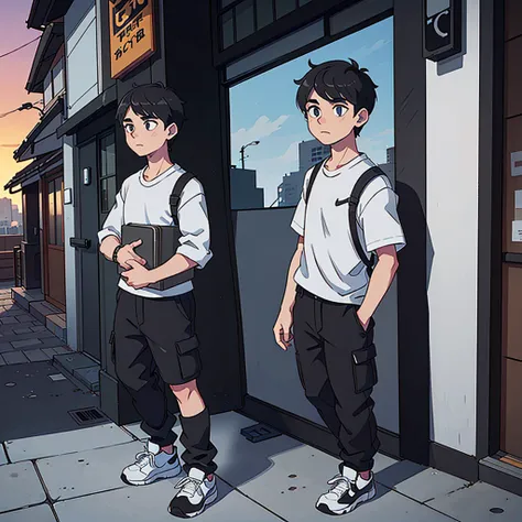 A male teenager, green eyes, black hair, wears a loose white shirt with a Japanese print, wide black Jean cargo pants, white Nike sneakers, he is walking down the street, the scenery and It is a modern city mixed with medieval, giant buildings, with tavern...