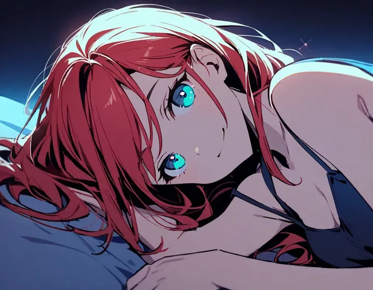 1girl,deep orangered ponytail hair,turquoise eyes,small breasts,smile,upper body,camisole,lying on bed,laying on one side,side view,looking at viewer,upper body,midnight,blue theme
