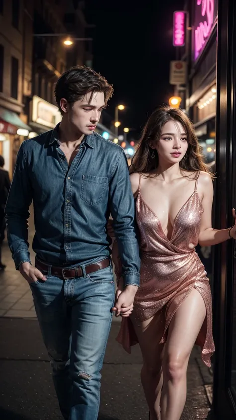 

"Create a realistic image of a couple leaving a club in a hurry. They are holding hands, with urgent expressions on their faces. The club is full of colorful lights and people dancing in the background. The couple is dressed in party clothes: He wears a ...