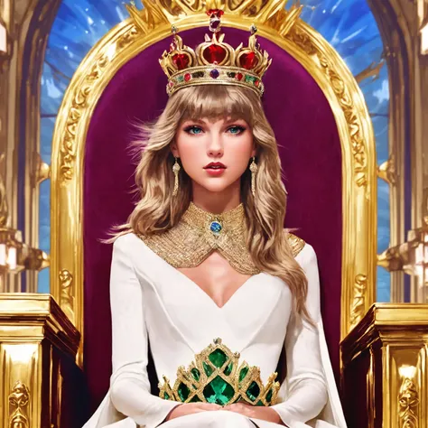 art Taylor Alisson Swift with crown on her head sitting on the throne