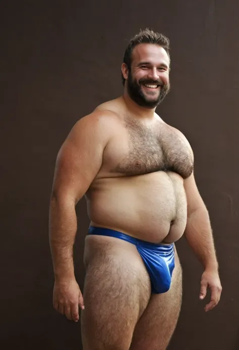 Male, nice smile, hairy, speedo, big prominent belly, big bulged and bloated belly, swollen belly, muscular, tall