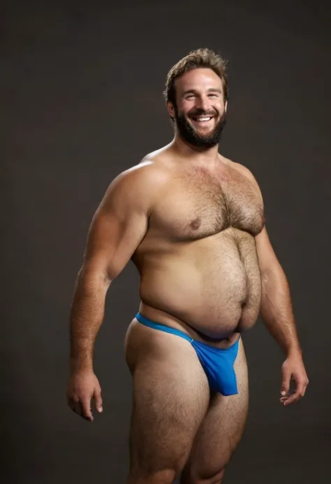 Male, nice smile, hairy, speedo, big prominent belly, big bulged and bloated belly, swollen belly, muscular, tall