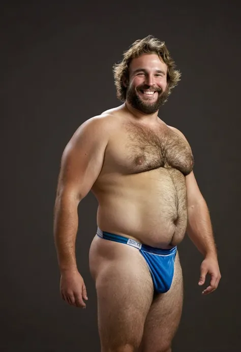 Male, nice smile, hairy, speedo, big prominent belly, big bulged and bloated belly, swollen belly, muscular, tall