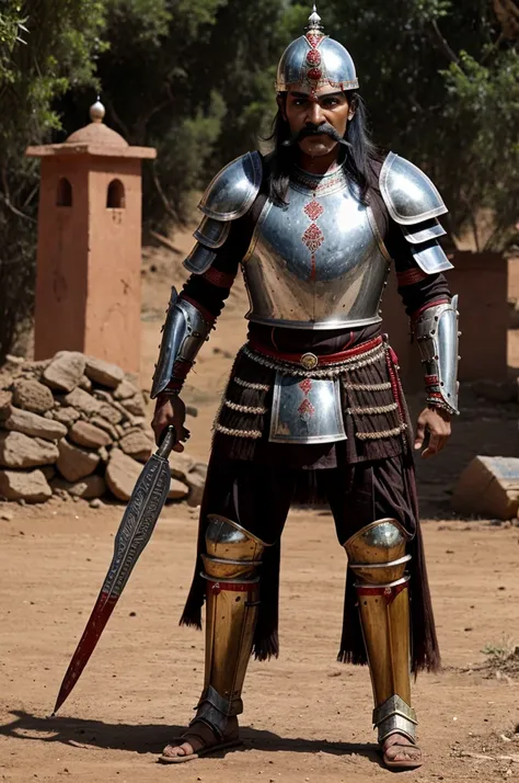 A rajput warrior wearing his metal armour , and his rajput pagadi  , with a moustache covered in blood standing alone against the mugal army 