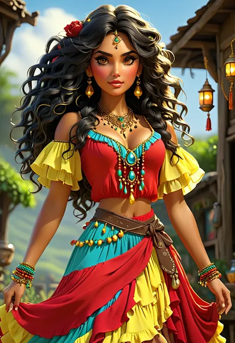 ((Shulamite gypsy )) millions of yellow and red roses , Stands tall and shows off your perfect figure at all times covers your entire body Dresses in shades of red,doradas, yellow with a puffy blouse full of ruffles, gypsy scarf on the shoulders and a beau...