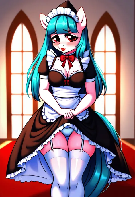 (My little pony), anthro, ((turquoise to white hair gradient)), white body, red eyes, medium breasts, red lips, perfect lines, beautiful quality, room, ((very shy pose)), ((maid costume)), mage hat, radiant light, white stockings, white panties under cloth...