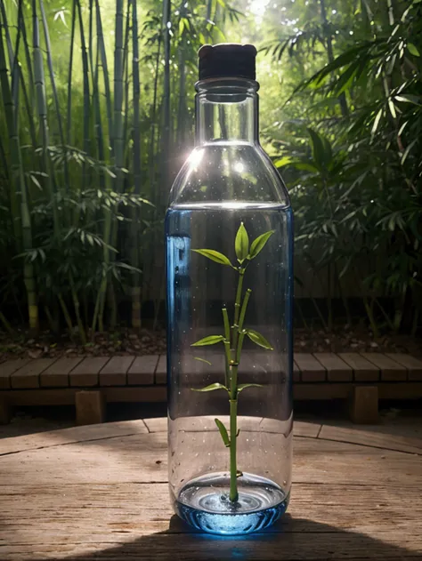 Generate a water bottle, should have a slight curve, similar to a hip, and be a little wider than usual. The bottle must be completely transparent. Fill the bottle with water, and also fill a similar glass of water. The bottle cap must have a bamboo straw ...