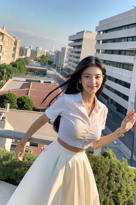 Rooftop of university building, 4th year university student, ((full body)), ((photo)), ((best qualtiy, 8K, tmasterpiece:1.3)), Focus:1.2, perfect figure beautiful girl:1.4, 1girl, cowboy shot, look at viewer, eyes facing the camera, incredibly absurd, beau...