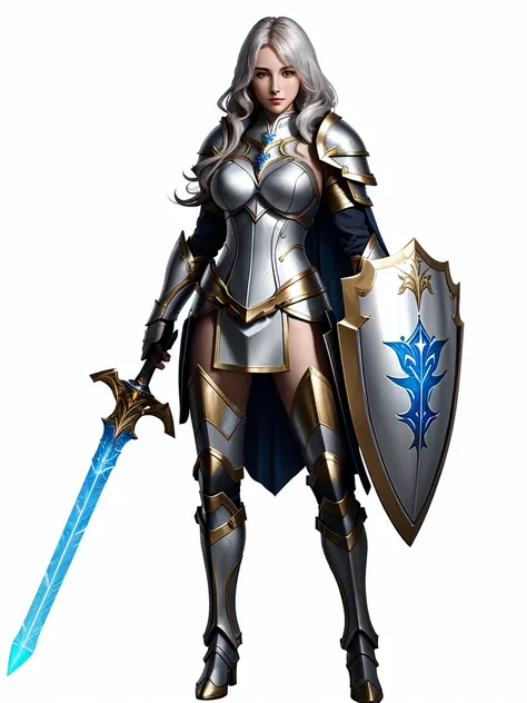 paladin, female, full armor, white armor, sexy, pretty face face, glowing armor, wonderfull, looks like "leona" from "league of legends", full body, Meilleure qualité, 1fille, seulement, gros seins, clivage, rideaux de poitrine, glowing sword, red and gold...