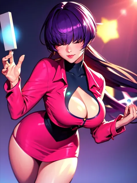 (night),in a video game scene with a neon background and a neon light,
standing at attention,
pink outfit,pink jacket,choker, cl...