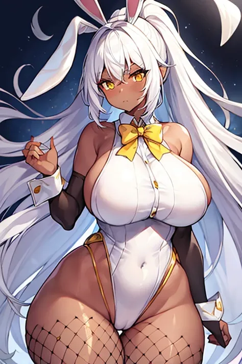 1girl, white hair, long hair, dark-skinned female, dark skin, yellow eyes, breasts, huge breasts, bowtie, wide hips, thick thighs, fishnets, bunnysuit, leotard, white bunnysuit, shy, timid, wavy mouth, ponytail, yellow trim, fishnets, fishnet legwear, gold...